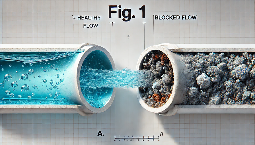 Diagram showing how buildup can block healthy flow.